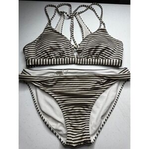 Athleta Striped Bikini Set XS Top S Bottom Strappy Back Brown Tan Swimsuit